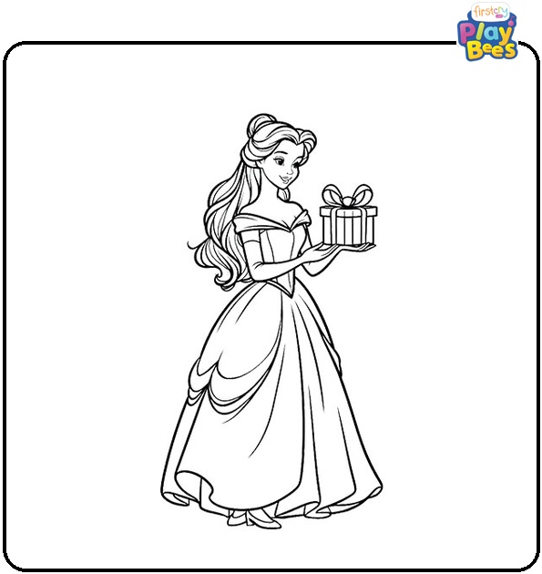 Belle Princess with A Gift Coloring Page Belle Princess with A Gift Coloring Page