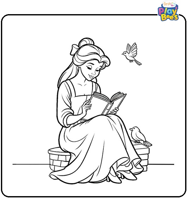 Belle Reading a Book With Bird Coloring Page Belle Reading a Book With Bird Coloring Page