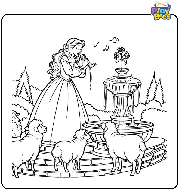 Belle Singing To Sheep At The Water Fountain Coloring Page Belle Singing To Sheep At The Water Fountain Coloring Page