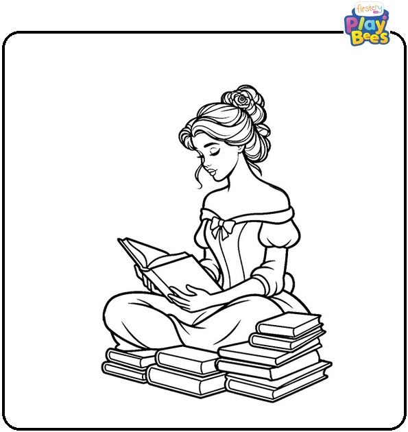 Belle with Books Coloring Page Belle with Books Coloring Page