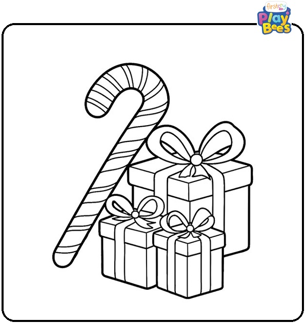 Candy Cane With Christmas Presents Coloring Page Candy Cane With Christmas Presents Coloring Page