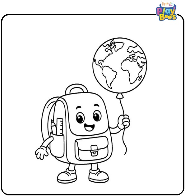 Cartoon Schoolbag Holding Earth Ballon Coloring Page Cartoon Schoolbag Holding Earth Ballon Coloring Page