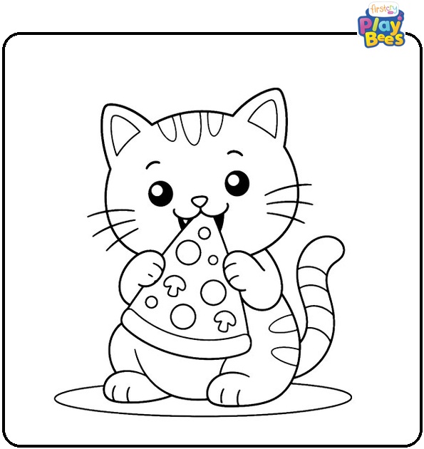 Cat Eating Pizza Slice Coloring Page