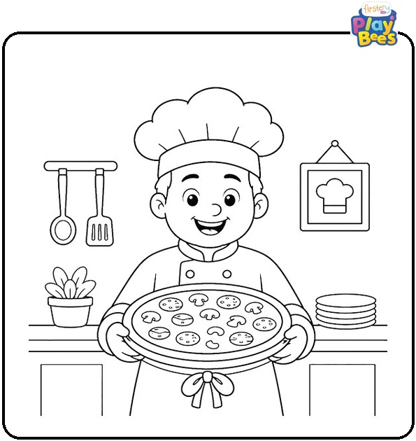Chef Holding Pizza Coloring Page