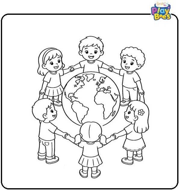 Children Standing Around Earth Globe Coloring Page Children Standing Around Earth Globe Coloring Page