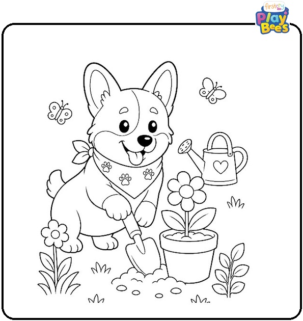 Corgi Gardening Coloring Page