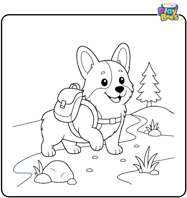 Corgi Hiking Coloring Page