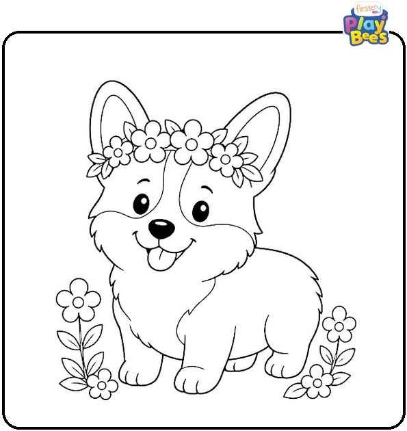 Corgi with Flower Crown Coloring Page
