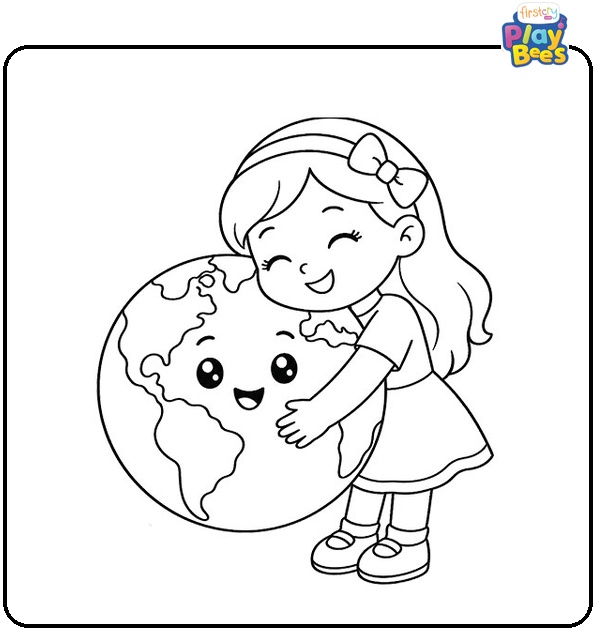 Cute Girl Hug Earth Coloring Page Cute Girl Hug Earth Coloring Page
