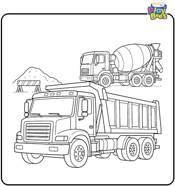 Dump Truck and Cement Mixer Coloring Page