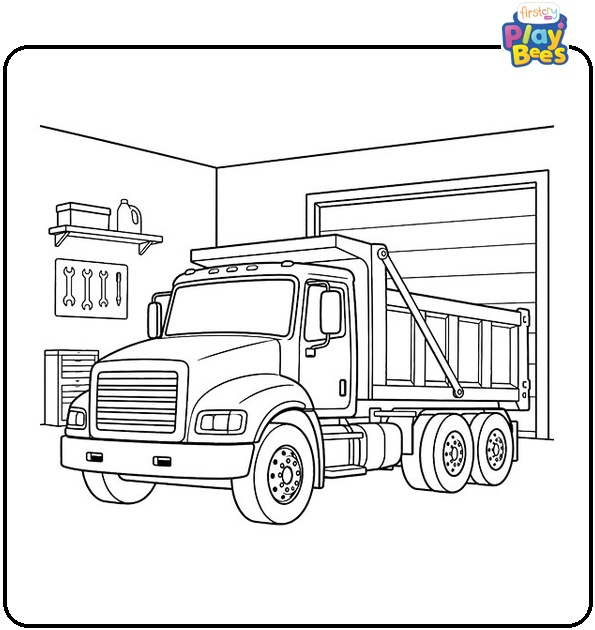 Dump Truck in Garage Coloring Page