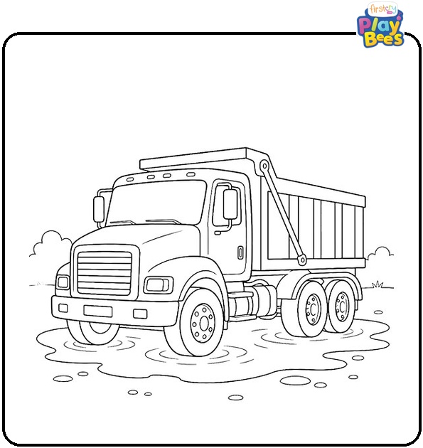 Dump Truck in Puddle Coloring Page