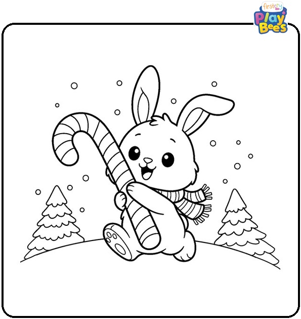 Excited Rabbit Hugging A Candy Cane In Winter Coloring Page Excited Rabbit Hugging A Candy Cane In Winter Coloring Page