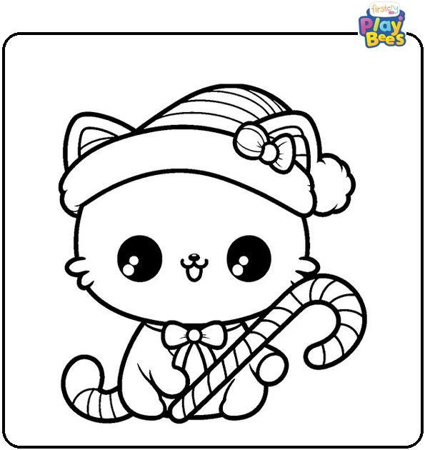 Kawaii Cat With Santa Hat Holding A Candy Cane Coloring Page Kawaii Cat With Santa Hat Holding A Candy Cane Coloring Page