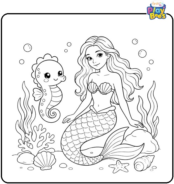 Kawaii Seahorse and Mermaid Coloring Page