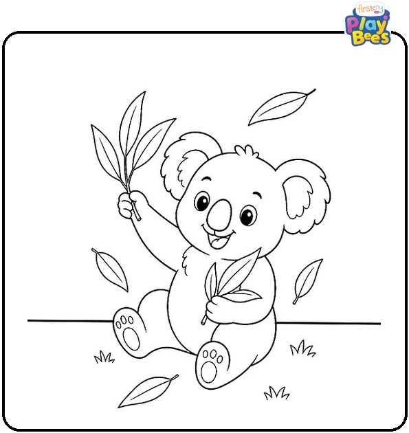 Koala Playing with Leaves Coloring Page Koala Playing with Leaves Coloring Page