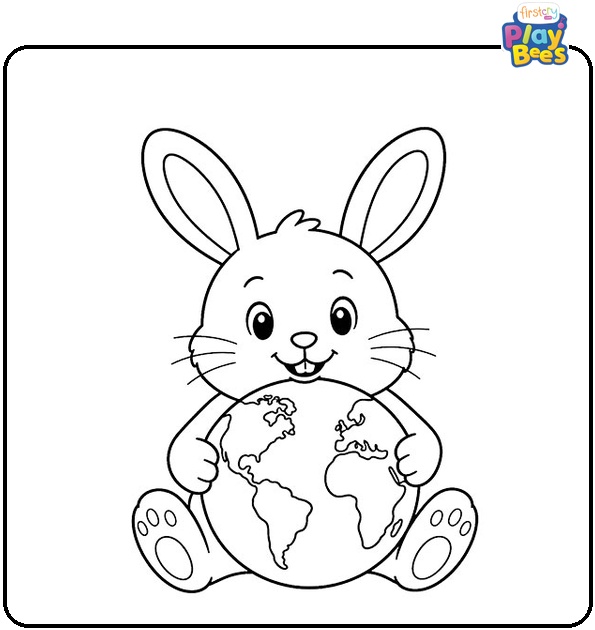 Little Rabbit Holding Earth Globe Coloring Page Little Rabbit Holding Earth Globe Coloring Page