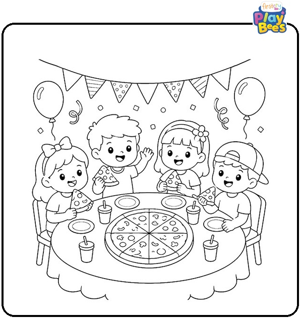 Pizza Party with Friends Coloring Page
