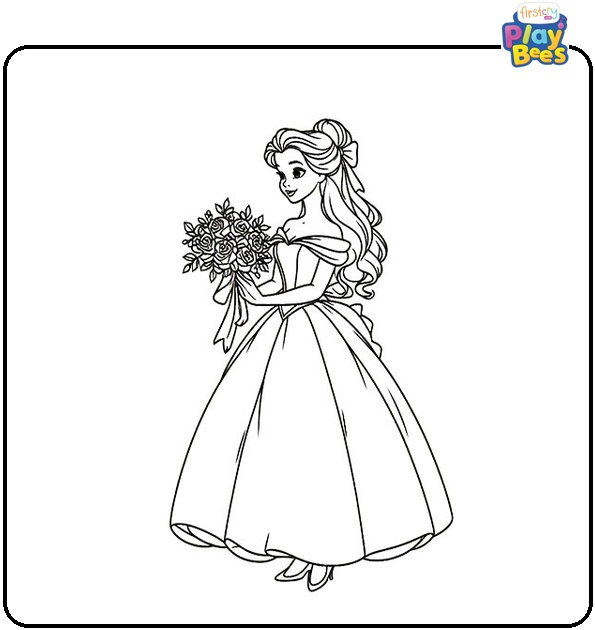 Princess Belle Holding a Bouquet Coloring Page Princess Belle Holding a Bouquet Coloring Page