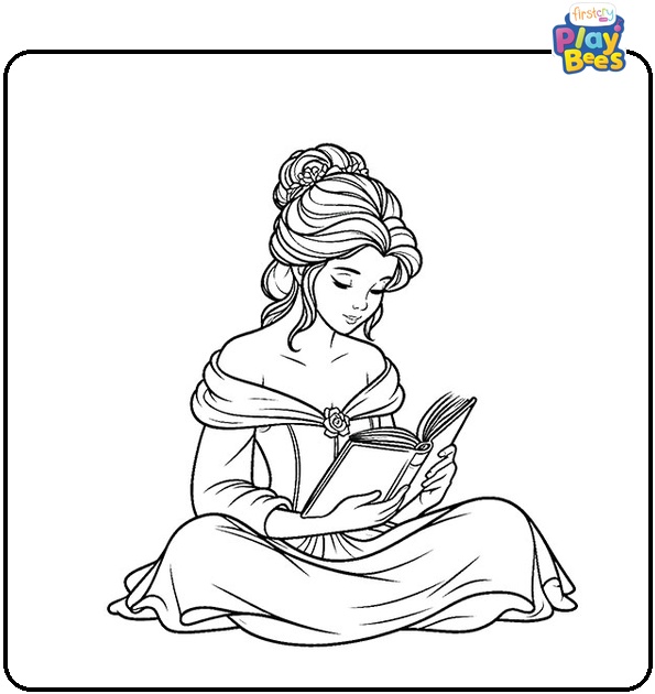 Princess Belle Reading Book Coloring Page Princess Belle Reading Book Coloring Page