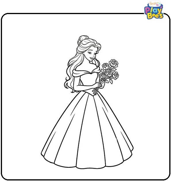 Princess Belle with Flowers Coloring Page Princess Belle with Flowers Coloring Page