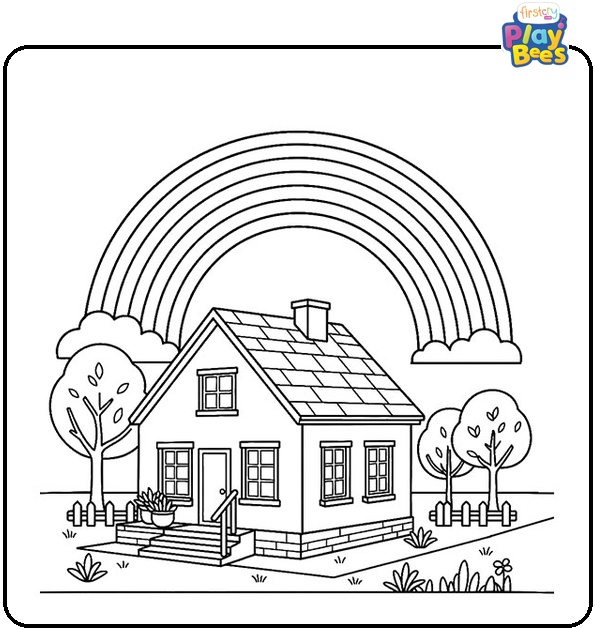 Rainbow and House Coloring Page