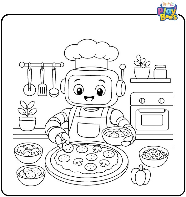Robot Making Pizza Coloring Page
