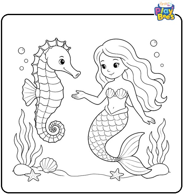 Seahorse and Mermaid Coloring Page