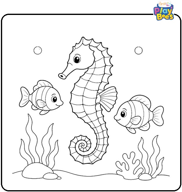 Seahorse with Fish Coloring Page