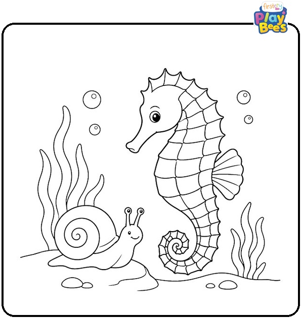Seahorse with Snail Coloring Page