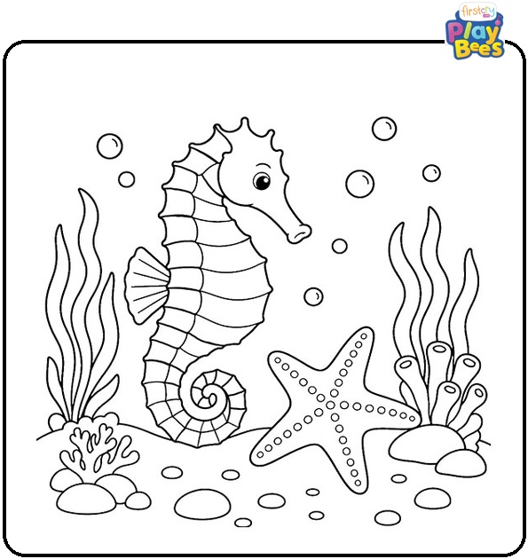 Seahorse with Starfish Coloring Page