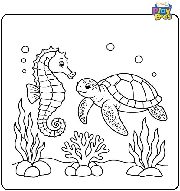 Seahorse with Turtle Coloring Page
