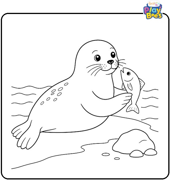 Seal with Fish Coloring Page