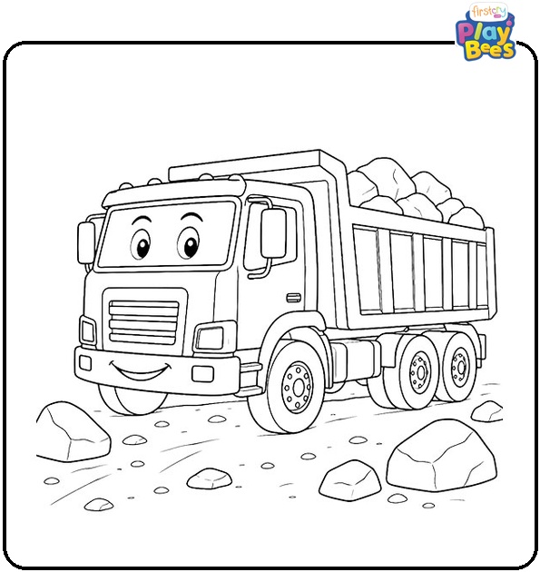 Smiling Dump Truck on Rocky Road Coloring Page