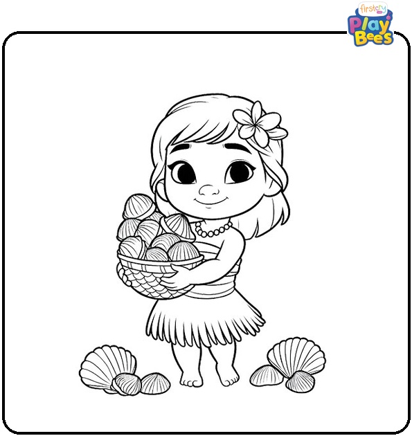 Toddler Moana Holds a Lot of Seashells Colouring Page Toddler Moana Holds a Lot of Seashells Colouring Page