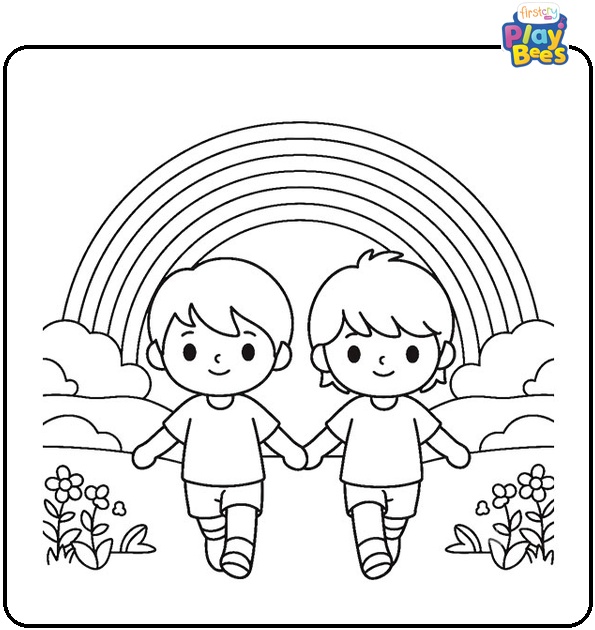 Two Kids Walking Under a Rainbow Coloring Page