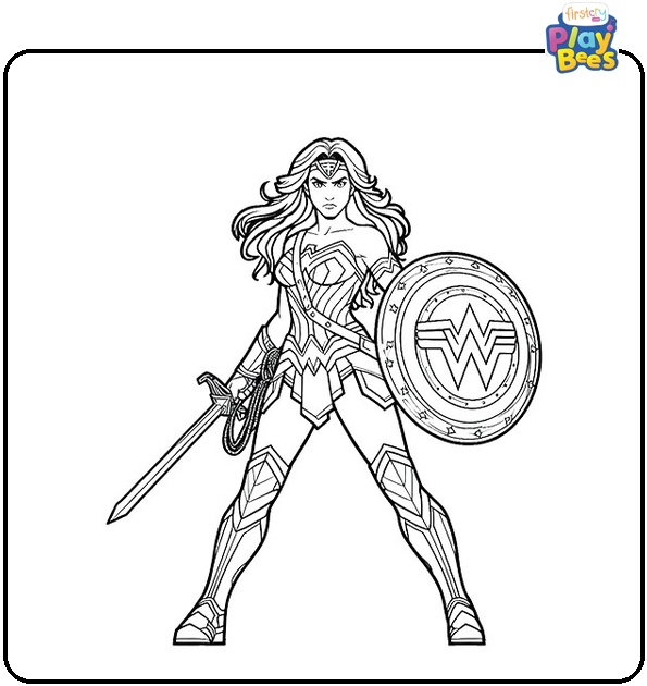 Wonder Woman Holding Sword And Shield Coloring Page
