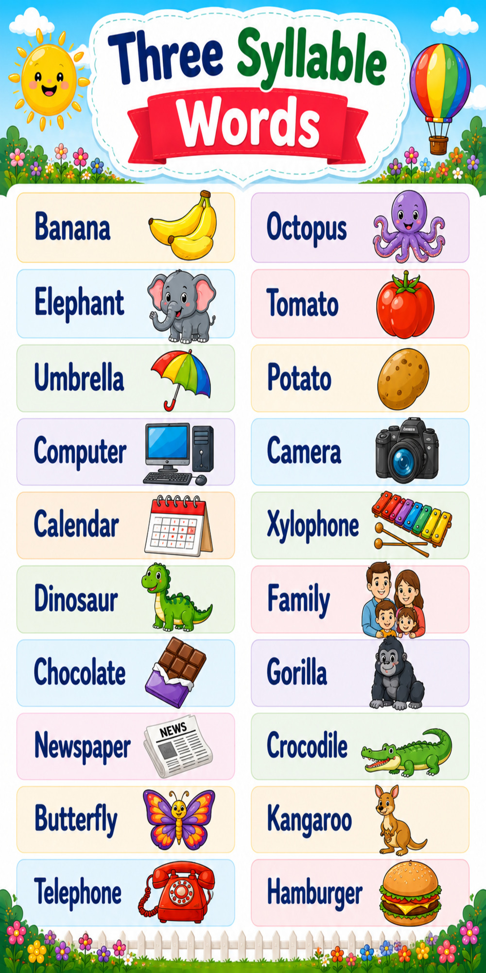 3 Syllable Picture Words