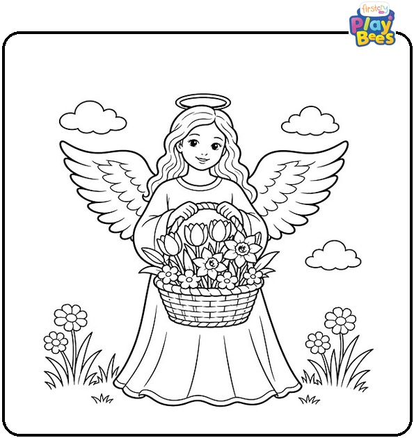 Angel Carrying a Basket of Spring Flowers Coloring Page Angel Carrying a Basket of Spring Flowers Coloring Page