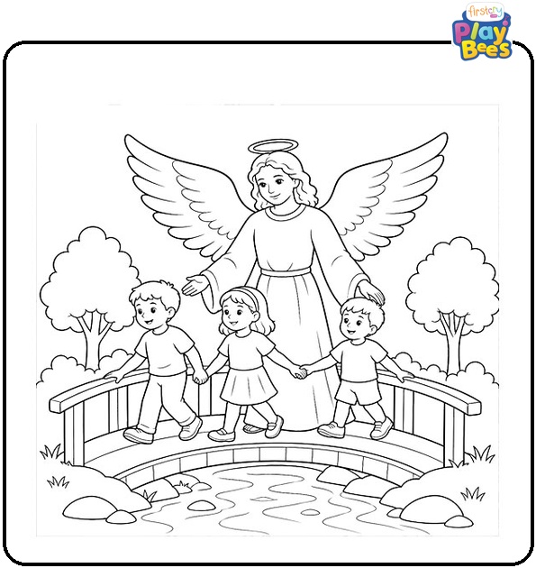 Angel Guiding Children Across a Bridge Coloring Page