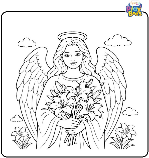 Angel Holding a Bouquet of Lilies Coloring Page Angel Holding a Bouquet of Lilies Coloring Page