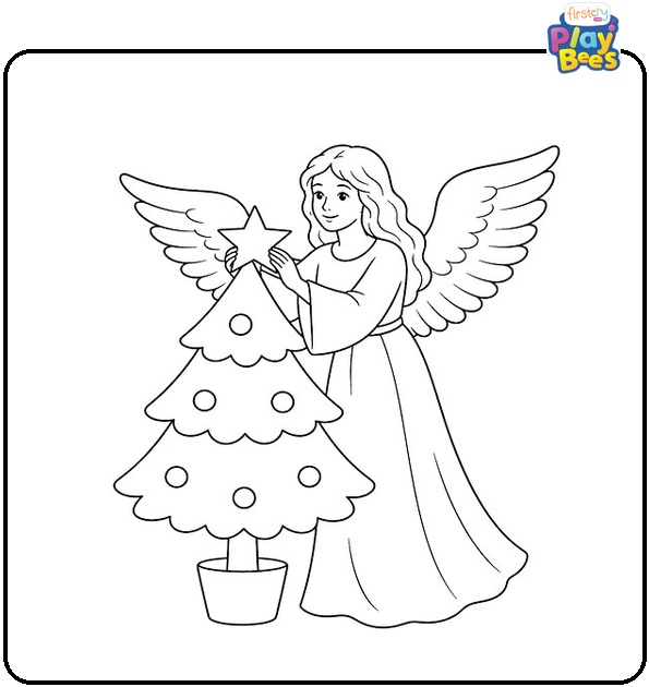 Angel Placing a Star on a Christmas Tree Coloring Page Angel Placing a Star on a Christmas Tree Coloring Page
