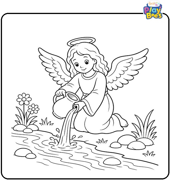 Angel Pouring Water by a Stream Coloring Page Angel Pouring Water by a Stream Coloring Page