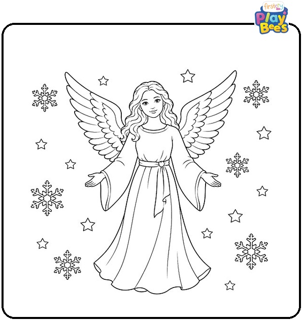 Angel with Snowflakes and Stars Coloring Page Angel with Snowflakes and Stars Coloring Page