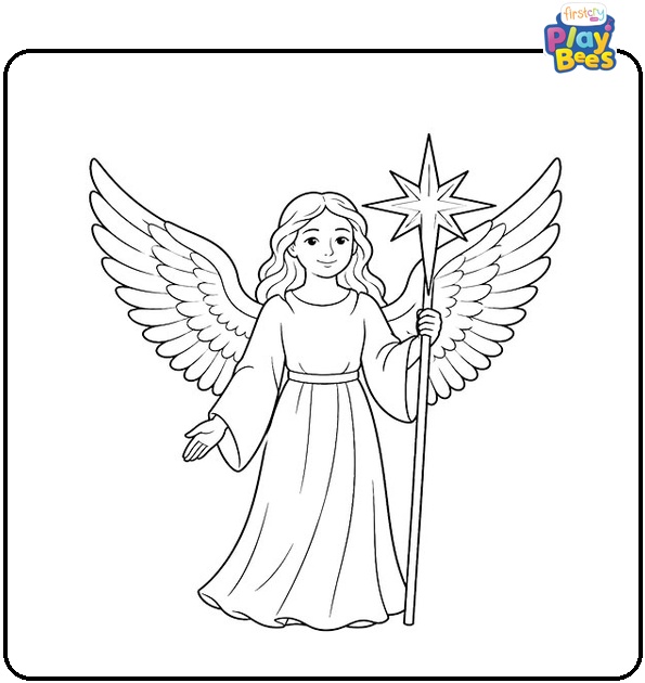 Angel with Wings and a Christmas Star Coloring Page Angel with Wings and a Christmas Star Coloring Page