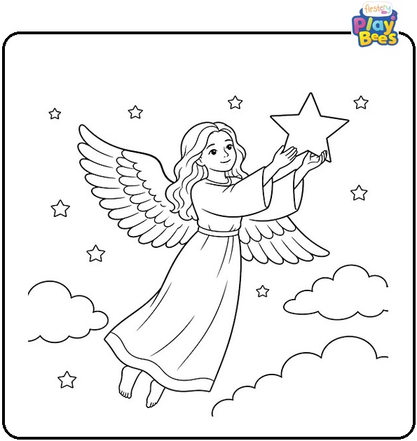 Angel with a Star in the Night Sky Coloring Page Angel with a Star in the Night Sky Coloring Page