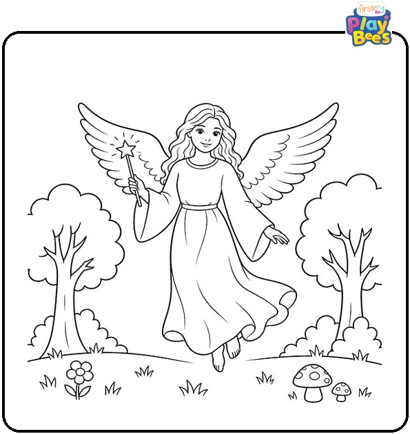 Angel with a Wand Floating in a Forest Coloring Page Angel with a Wand Floating in a Forest Coloring Page