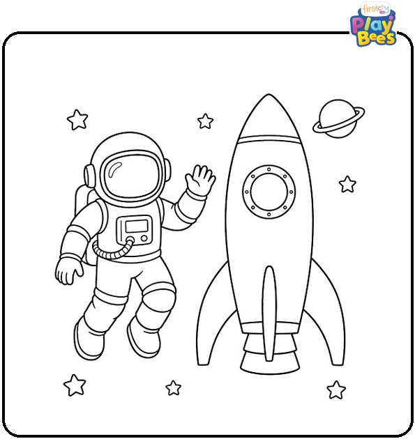 Astronaut and Rocket in Space Coloring Page Astronaut and Rocket in Space Coloring Page