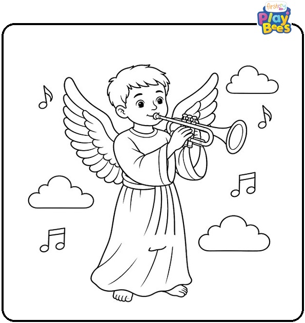 Boy Angel in White Robes Playing a Trumpet Coloring Page Boy Angel in White Robes Playing a Trumpet Coloring Page