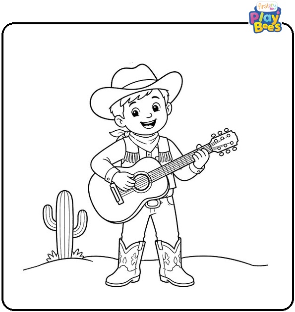 Boy Cowboy Singing and Playing Guitar Coloring Page Boy Cowboy Singing and Playing Guitar Coloring Page